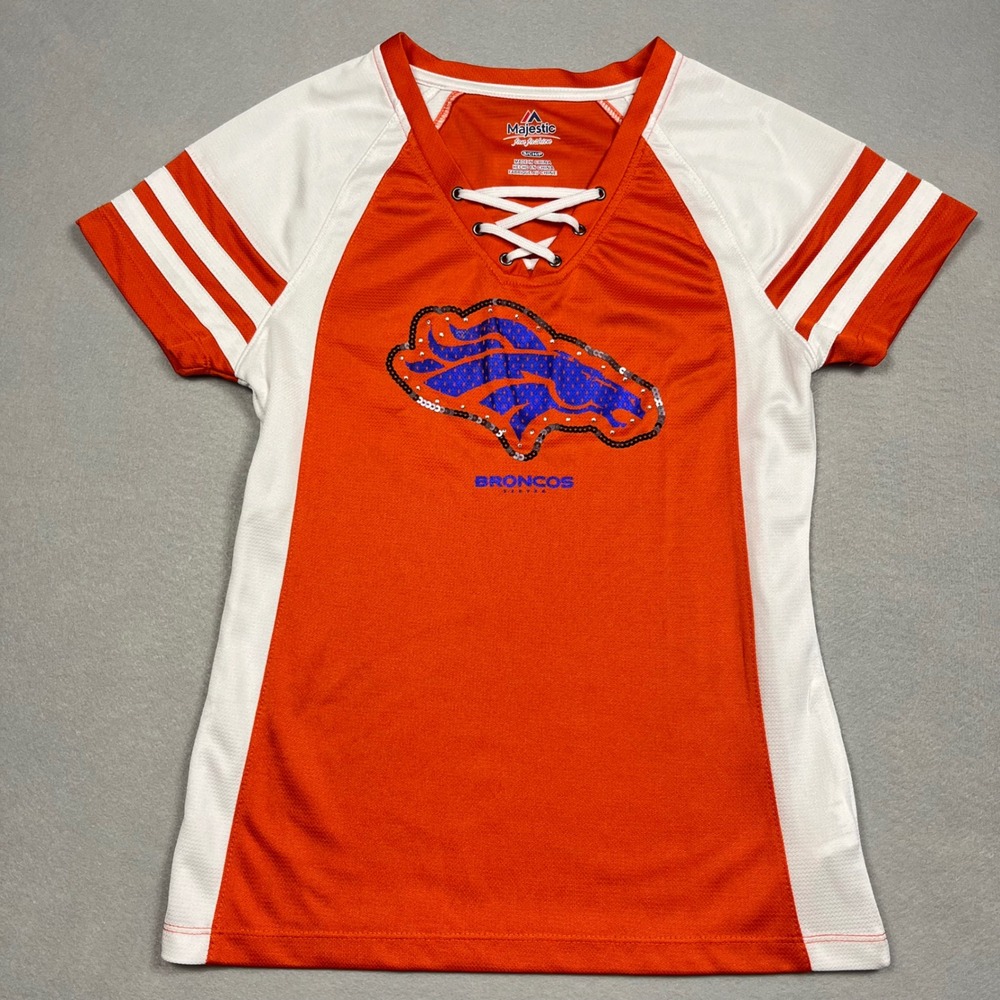Denver Broncos Lace Up V-Neck Sequin Jersey Shirt Womens Small Orange Crush